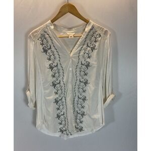Sundance White‎ Blouse Button Up Gray Floral Embroidered Roll Up Sleeves M